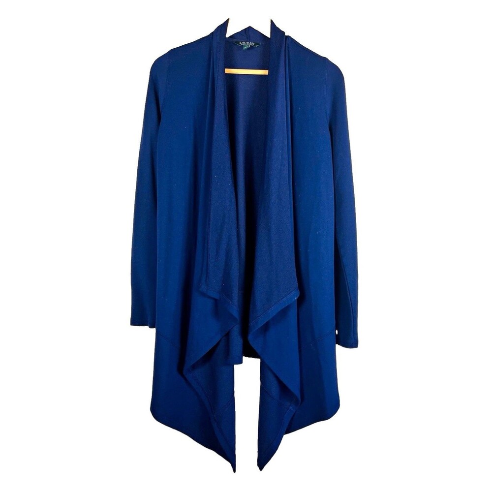 Lauren Ralph Lauren Blue Solid Knit Open Front Waterfall Drape Cardigan M
